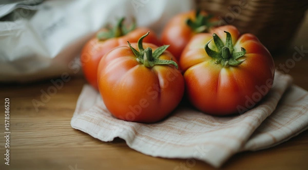 Fototapeta Fresh heirloom tomatoes arranged on a cloth with a rustic basket in a natural light setting