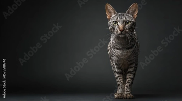 Fototapeta Wide shot of a Egyptian Mau cat standing, studio portrait.