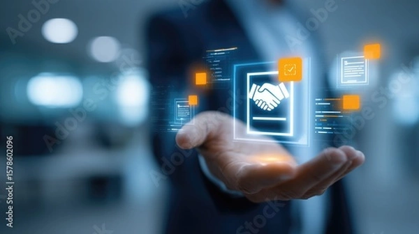 Obraz Business professional hand presenting digital agreement with handshake icon on glowing tech interface, virtual contract concept in modern office background with futuristic data elements.
