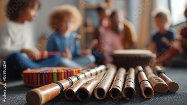 Obraz Children Exploring Exotic Instruments in Classroom