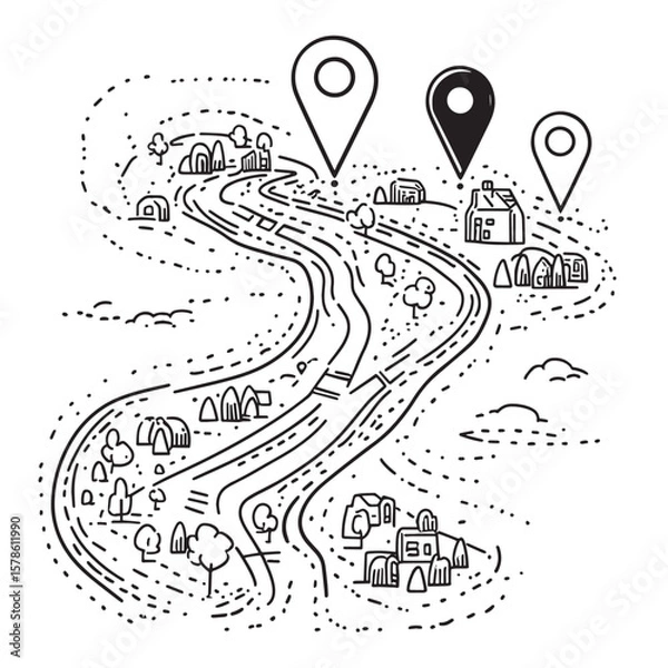 Fototapeta Continuous line drawing of paths and Location markers. Pin between two points in one line style. GPS navigation and travel concept in doodle style. , vector style simple color