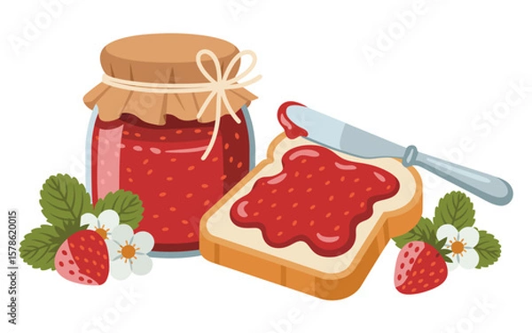 Fototapeta Jar of strawberry jam and slice of toast with jam and knife