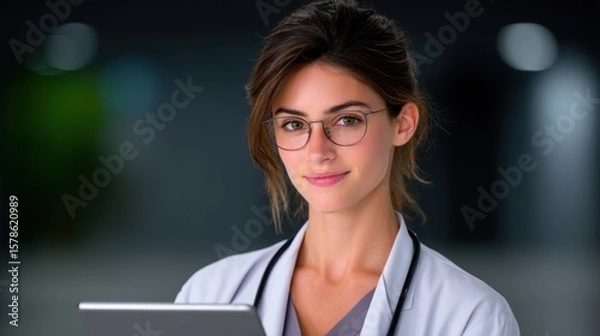 Fototapeta Focused Female Doctor Using Tablet in Modern Medical Environment with Diligent Expression
