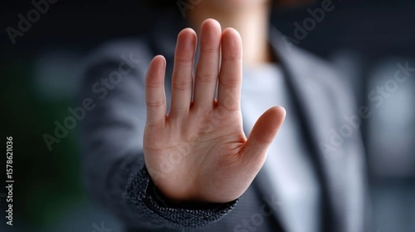 Fototapeta Confident Woman in Tailored Blazer Raising Hand for Emphasis in Professional Environment