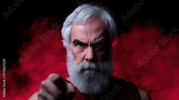 Fototapeta Commanding Elderly Man in Traditional Attire with Intense Expression Against Dramatic Background