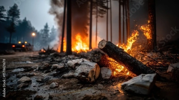 Fototapeta Destructive Wildfire Displaying Nature's Fury at Night in Forest Landscape
