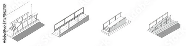 Fototapeta curb ramp plate.  Collection of technical drawings for various wheelchair ramp designs emphasizing accessibility features
