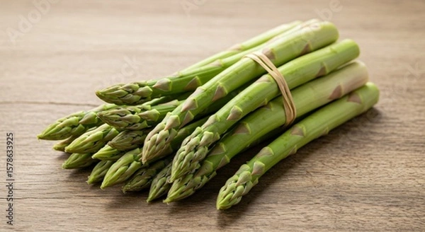 Fototapeta A bundle of fresh green asparagus tied with a rubber band on a textured wooden surface close up view