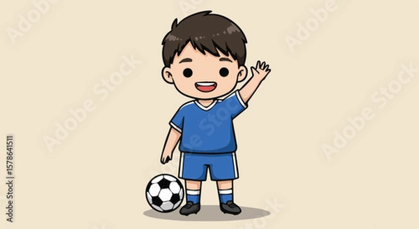 Fototapeta Cute Cartoon Boy Soccer Player Waving Hello with a Football