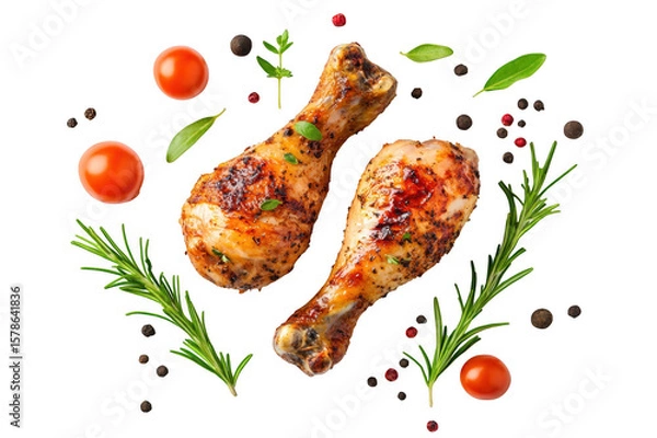 Obraz Top view of chicken drumsticks with cherry tomatoes, pepper and rosemary isolated on a cutout PNG transparent background
