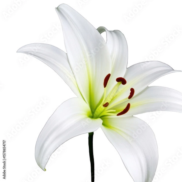 Fototapeta Close-up of a white lily flower with six petals and detailed stamens on a transparent background