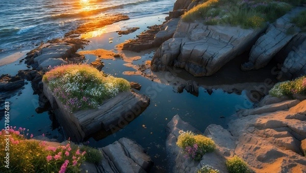 Fototapeta Coastal Rocks and Wildflowers at Sunset Overlooking the Ocean Water
