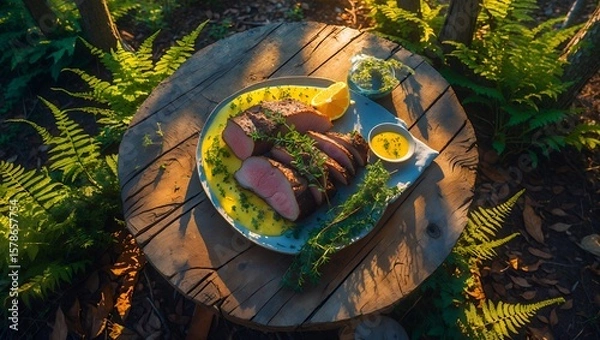 Fototapeta Serving Roasted Meat with Lemon on Rustic Table in Nature