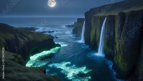 Fototapeta Coastal Cliffs with Waterfalls Under Moonlight Creating a Mystical Landscape