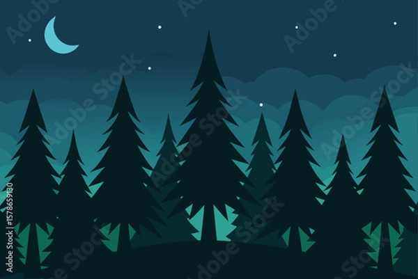 Obraz night forest scene with tall  straight pine trun