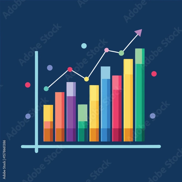 Obraz Colorful bar chart illustrating business growth with an upward trend and statistical data display on a navy blue background