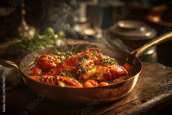 Obraz Indulgent lobster à l'Américaine dishes in rustic seaside setting