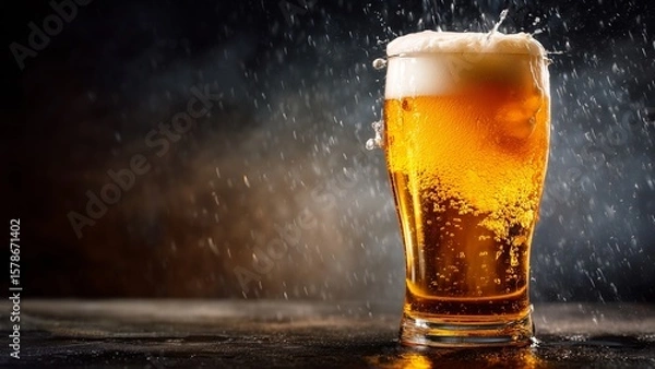 Fototapeta Cheers to Good Times: A Vibrant Glass of Beer on a Rustic Wooden Table 