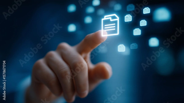 Obraz Close-up of a finger tapping a holographic document in a digital setting