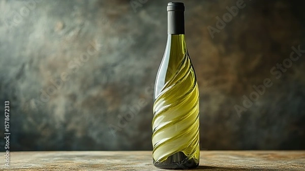 Obraz Unique Green Wine Bottle with White Spiral Texture on Wooden Table