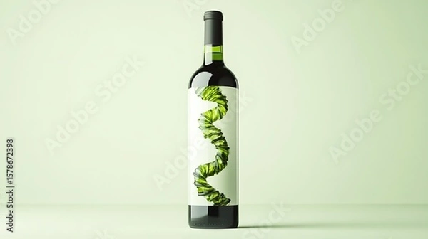 Obraz Red Wine Bottle with Green Spiral Label on Light Green Background