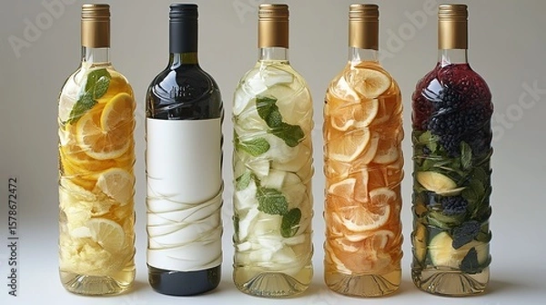 Obraz Five Transparent Bottles with Fruits and Mint, White Table