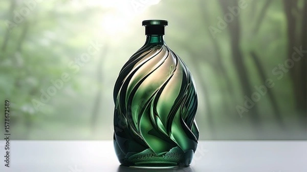 Obraz Unique Green Wine Bottle with Gradient Spiral Texture, White Table