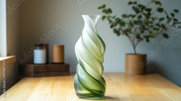 Obraz Spiral - textured glass vase on light wooden table in minimalist interior, with soft window light and decorative items, creating a tranquil and elegant atmospher
