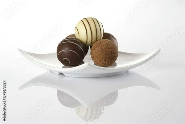 Obraz Assorted chocolate balls stacked on white plate, with various colors, textures, and glossy or sugar - coated surfaces, looking exquisite and tempting against white background, like a fine dessert crea