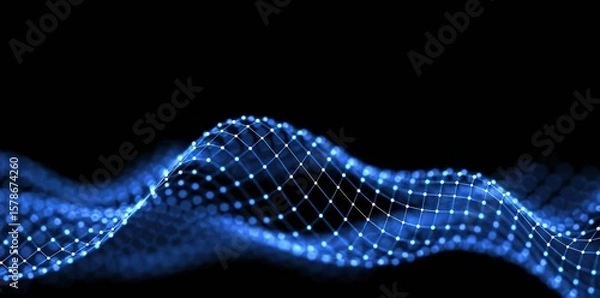 Obraz Wave form of blue dots and lines on black background, showing technological movement, interpreting rhythm and innovation in digital era