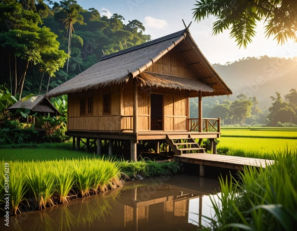Fototapeta Traditional bamboo house design set in lush green rice fields with serene water reflection and warm sunlight creating peaceful atmosphere
