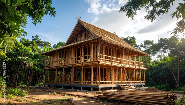 Fototapeta Traditional wooden house construction lush green forest setting with scaffolding and building details visible, surrounded by vibrant trees