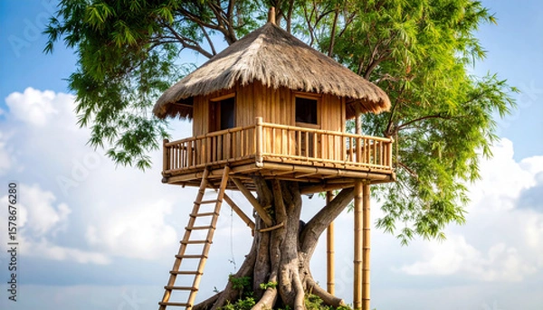 Fototapeta Treehouse built on large tree with green leaves and thatched roof, surrounded by blue sky and clouds, evokes peaceful and natural atmosphere