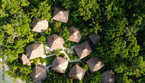 Fototapeta Aerial view of tropical huts surrounded by lush green trees and pathways, creating peaceful and natural resort setting