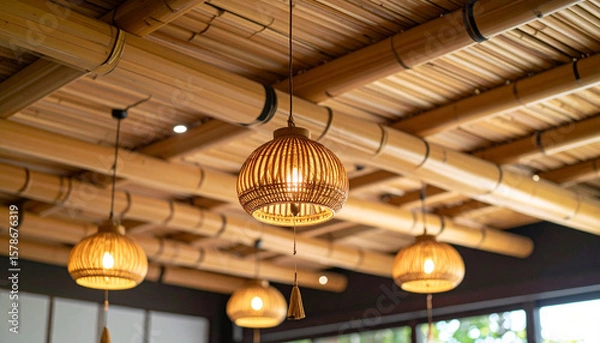 Fototapeta Elegant bamboo pendant lights hang from bamboo ceiling, creating warm and natural house design that blends traditional and modern aesthetics
