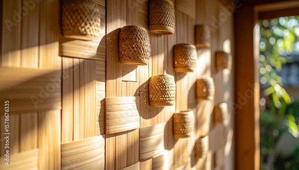 Fototapeta Wall decorated with woven bamboo containers and wooden panels, illuminated by warm sunlight creating cozy and natural ambiance, emphasizing design
