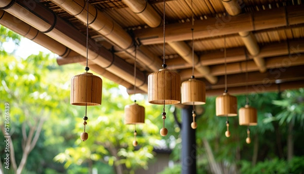 Fototapeta Series of hanging bamboo lamps with wooden design create warm and natural ambiance in outdoor setting, surrounded by lush green trees and foliage