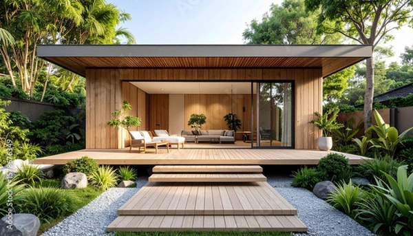 Fototapeta Modern house with wooden design and outdoor seating area surrounded by lush greenery and trees, creating peaceful and stylish living space