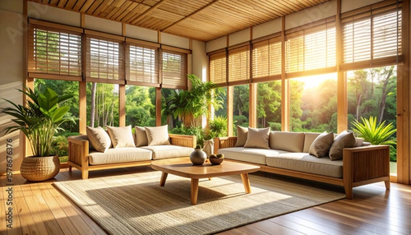 Fototapeta Bright living room with large windows showcasing lush greenery and sunlight, featuring bamboo accents and cozy design that creates warm
