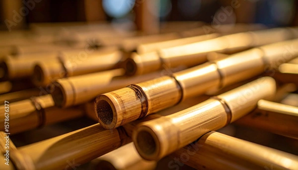 Fototapeta Close up of bamboo poles used construction, showcasing craftsmanship and natural material texture, with warm lighting highlighting bamboo smooth