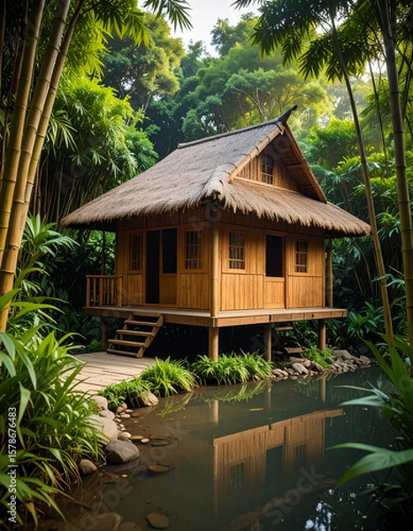 Fototapeta Wooden house with thatched roof is surrounded by lush green bamboo and trees, creating peaceful and natural setting. house is built stilts over
