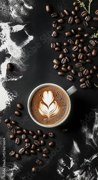 Obraz Cup of coffee with delicate latte art, surrounded by coffee beans on black background, highlighting coffee art and deliciousness