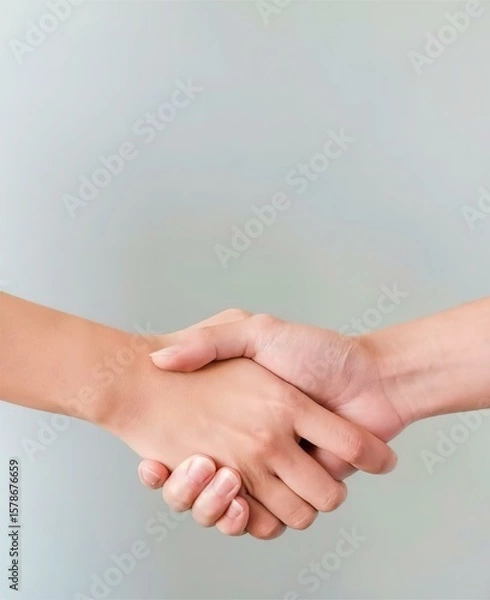 Obraz Two hands shaking on light gray background, symbolizing friendship, cooperation, and trust