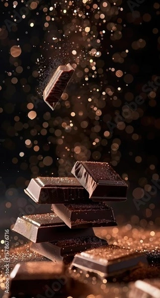 Obraz Stack of dark chocolate pieces with one flying, golden spots on dark background, creating a luxurious and delicious atmosphere