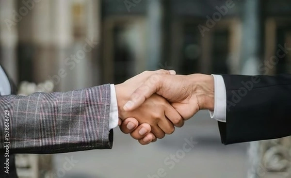 Obraz Business handshake of two hands in formal attire against outdoor blurred background, showing formality and trust in business cooperation