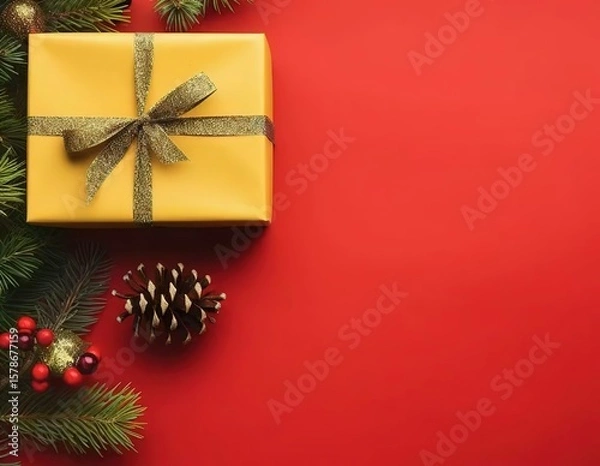 Obraz Christmas Gift on Red Background: Yellow Box with Gold Ribbon, Pine Branches, and Red Berries for Festive Vibe
