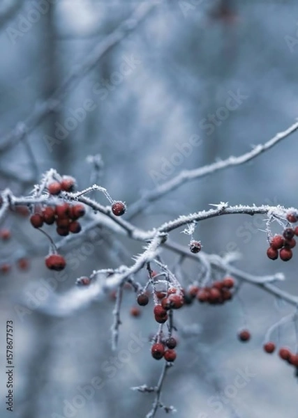 Obraz Winter Frosted Berry Branch: Red Berries with White Frost on Light Blue - Gray Background, Conveying Winter Tranquility