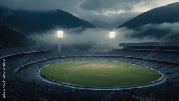 Obraz Aerial view of a cricket stadium with mountains and fog under a cloudy sky at dusk or dawn time