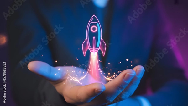Fototapeta Neon rocket launch from open hand symbolizing business startup success