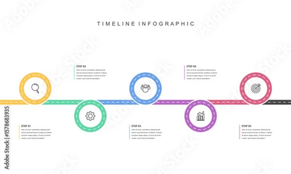 Obraz Business road map timeline infographic concept. with icons and 5 steps, workflow layout, diagram, report, web design. Business Milestone. Vector illustration.
